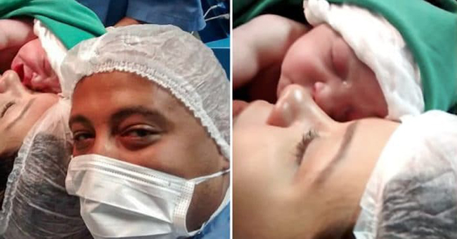 Neticami saviļņojoši: jaundzimusī mazulīte apskauj māmiņas seju. VIDEO
