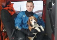 FOTO: Jelgavā izglābj ledū ielūzušu suni